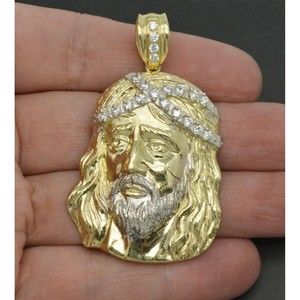 Real 10k Yellow Gold CZ 3D Big Jesus Head Pendant almost 2 .30" 8.9grams